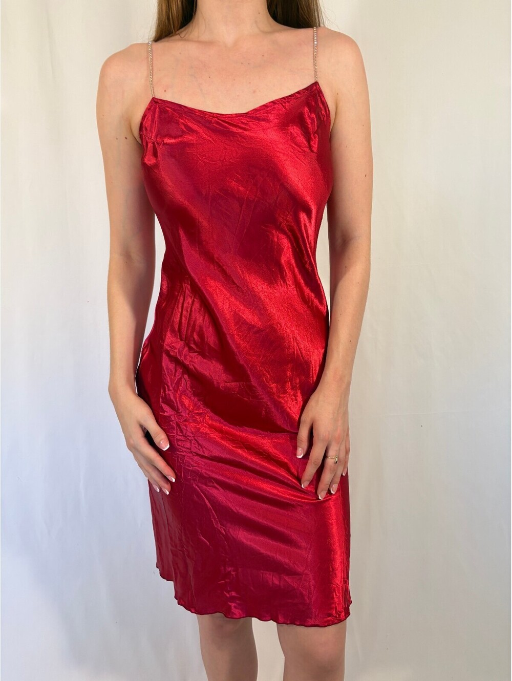 Red Satiny Rhinestone Strap Midi Dress